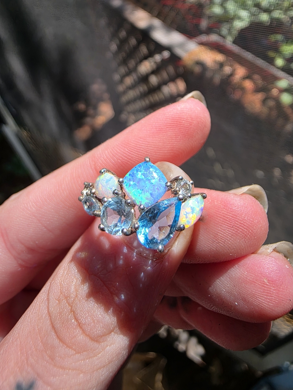 Blue Topaz And Opal Crystal Cluster Ring - Women Jewelry